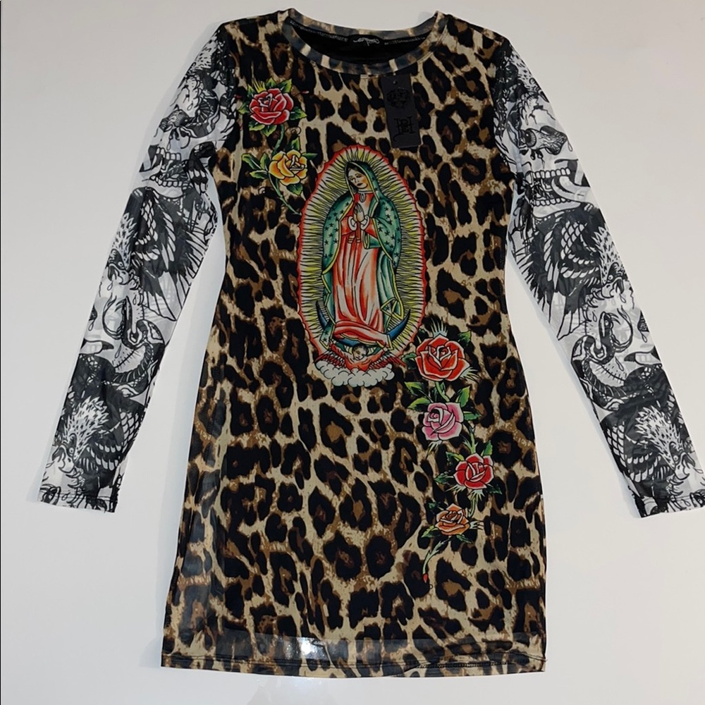 Ed Hardy Virgen Mary (Guadalupe) Leopard Mesh Mini Dress